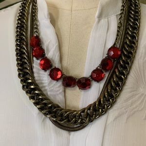 Statement necklace, brass and ruby red rhinestones